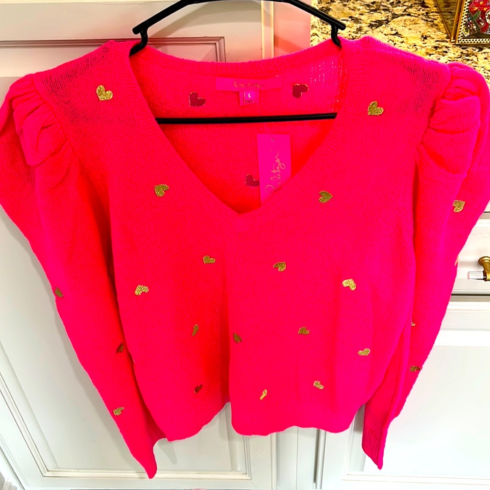 Lilly Pulitzer louelle sweater pink grenadine tossed hearts sweater Size L